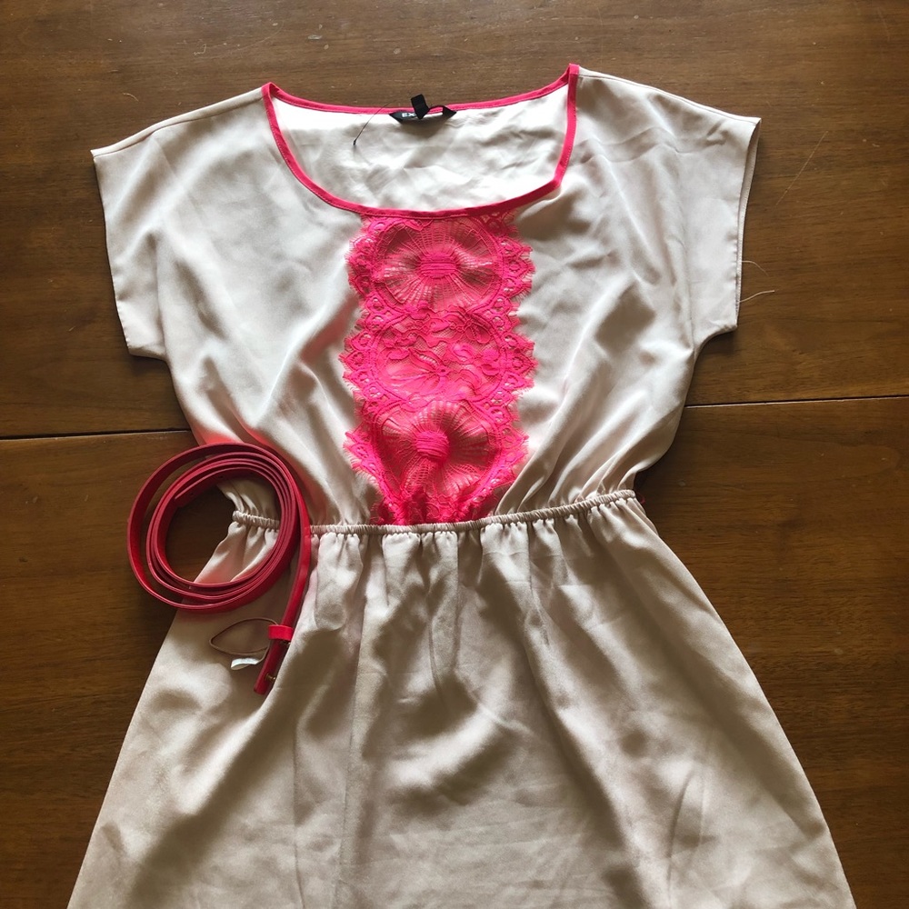 Express belted blush and lace dress medium NWOT